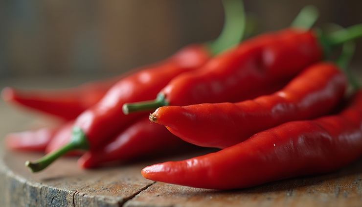 Close-up view of red hot chili peppers on a wooden table