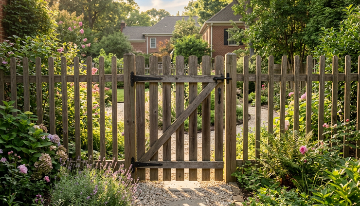 Eye-level view of a closed garden gate with sunlight coming through the fence.