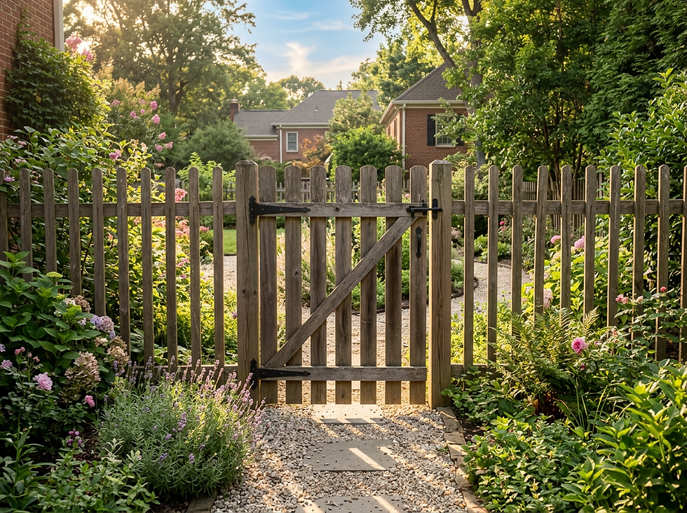 Eye-level view of a closed garden gate with sunlight coming through the fence.