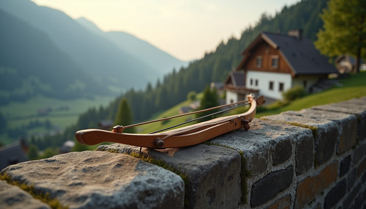 Eye-level view of a wooden crossbow resting on a stone wall in a Swiss mountain village