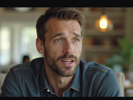 Eye-level view of a man speaking confidently in a casual setting