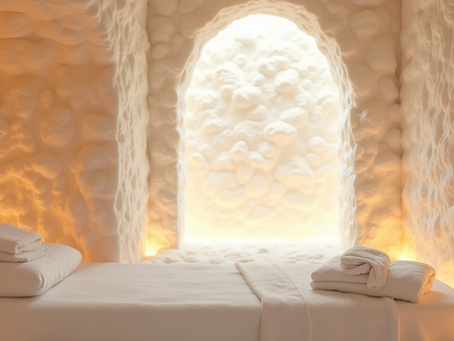 Close-up view of a serene salt room with salt bricks and soft lighting