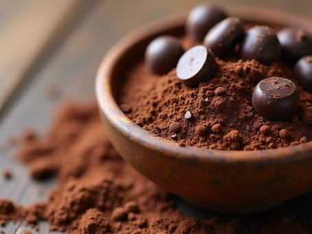 Close-up view of a bowl filled with rich cocoa powder and dark chocolate pieces
