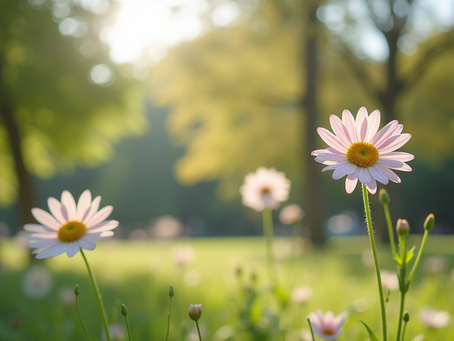 Wide angle view of a peaceful park scene with blooming flowers