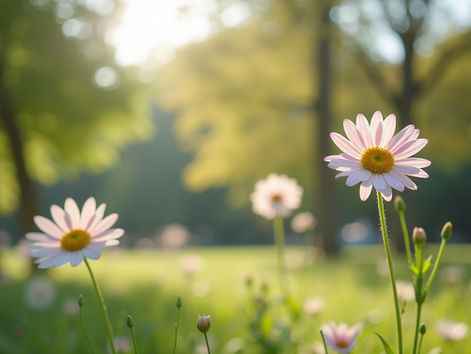 Wide angle view of a peaceful park scene with blooming flowers