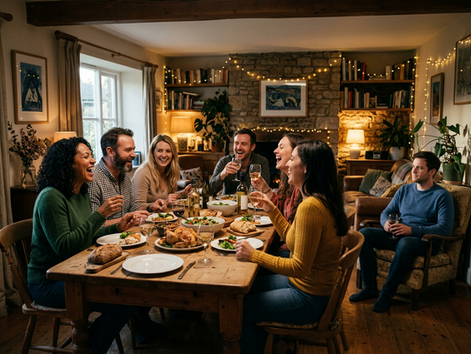 Wide-angle view of a crowded dinner table erupting in laughter while one person sits quietly apart.