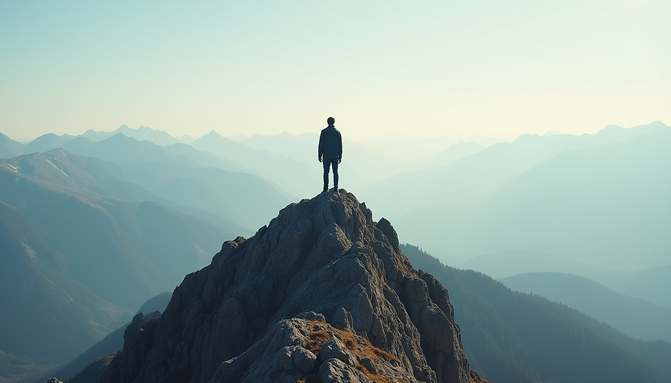 Eye-level view of a single person standing on a mountain peak looking at the horizon