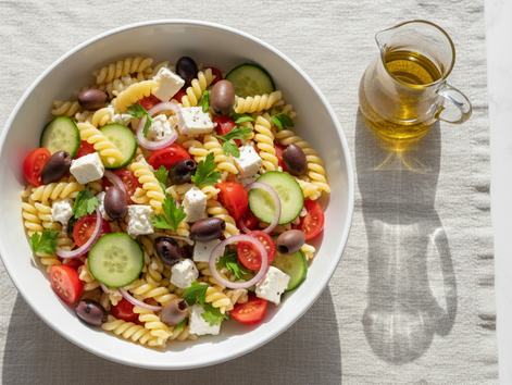Overhead view of a Mediterranean pasta salad in a white serving bowl.
