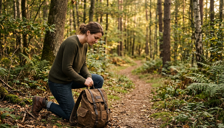 Eye-level view of a person setting down a heavy backpack beside a quiet trail.