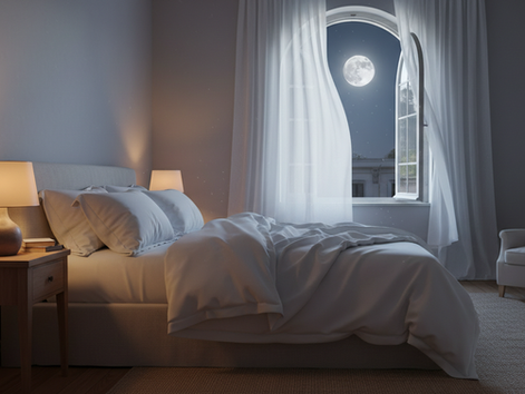 Wide-angle view of a quiet bedroom with soft blankets and a warm lamp near an open window