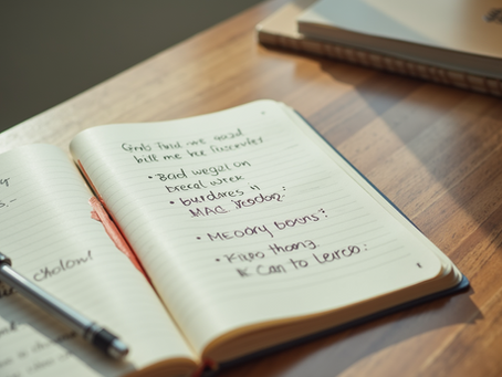 Eye-level view of a notebook with handwritten goals and affirmations on a wooden desk