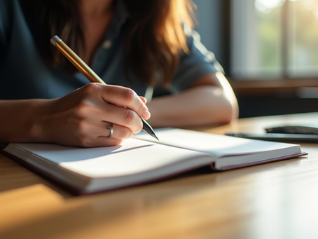 Eye-level view of a person writing goals in a notebook on a wooden desk
