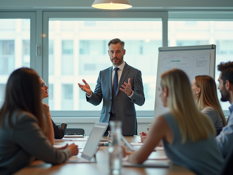 Eye-level view of a leader speaking to a small team in a bright meeting room