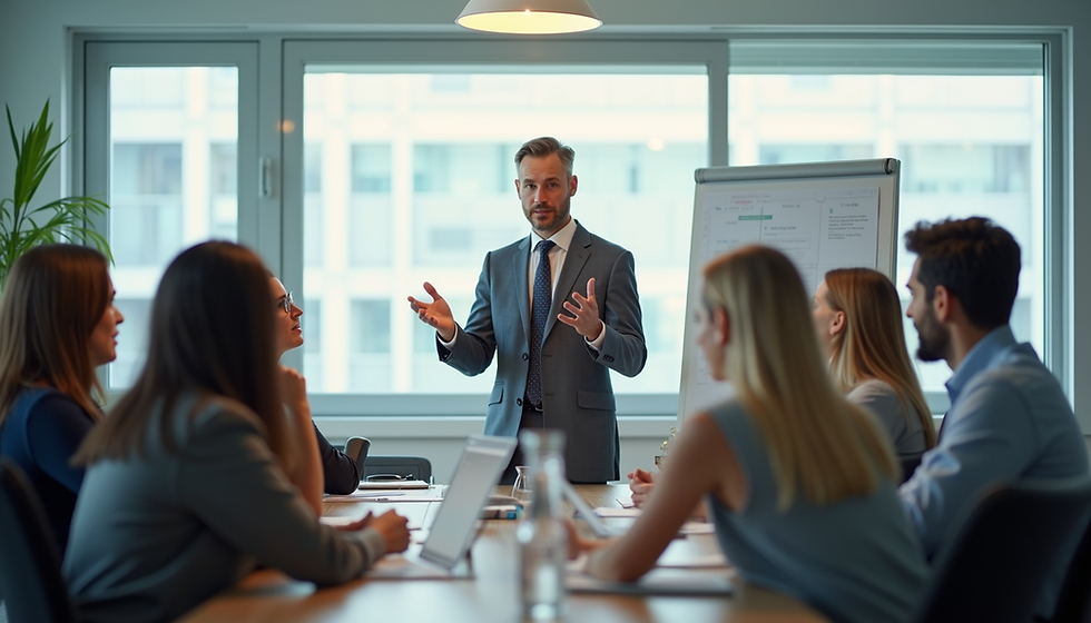 Eye-level view of a leader speaking to a small team in a bright meeting room