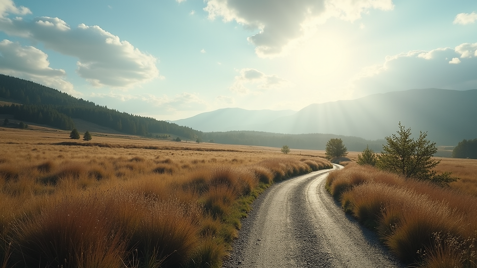 Eye-level view of a serene landscape with a winding path