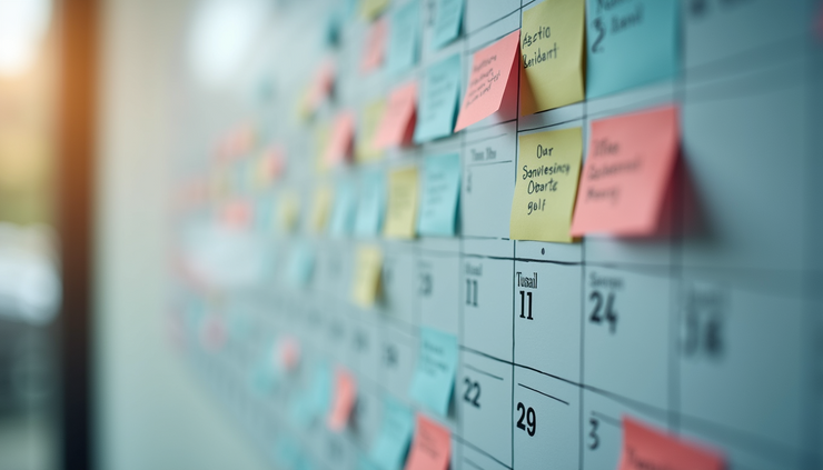 Eye-level view of a calendar filled with notes and reminders