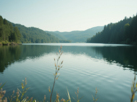 Close-up view of a peaceful lake surrounded by nature