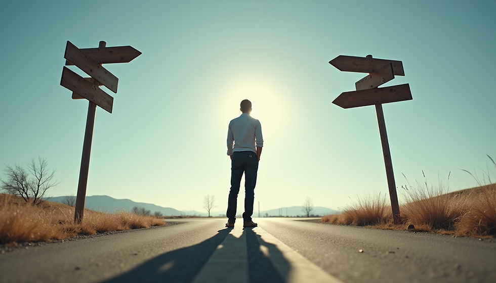 Eye-level view of a person standing at a crossroads with signs pointing in different directions