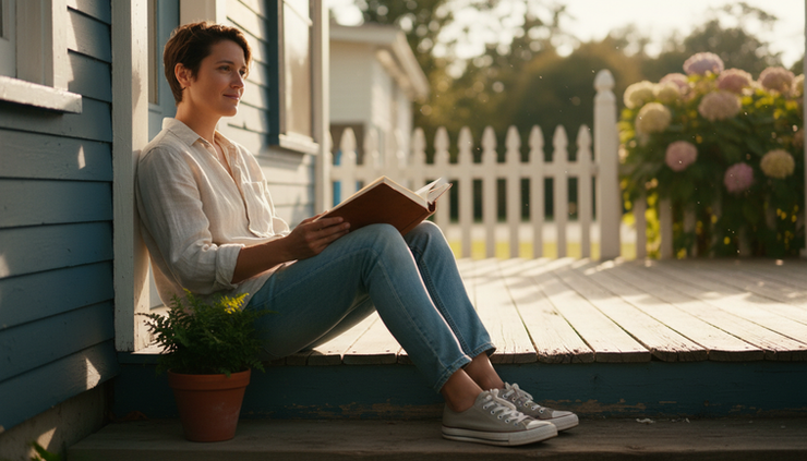 Eye-level view of a person sitting on a porch step with a journal open in their lap.
