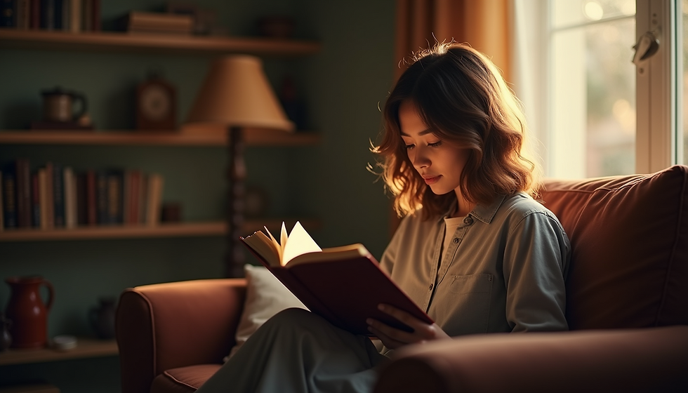 Eye-level view of a person reading a book in a cozy corner