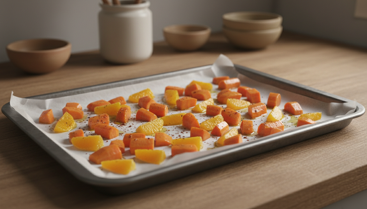Wide-angle view of carrots and orange pieces spread on a parchment-lined sheet pan.