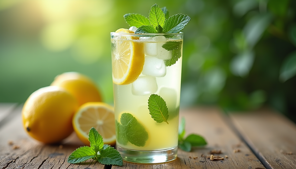 Eye-level view of a tall glass filled with icy mint lemonade garnished with fresh mint leaves and lemon slices