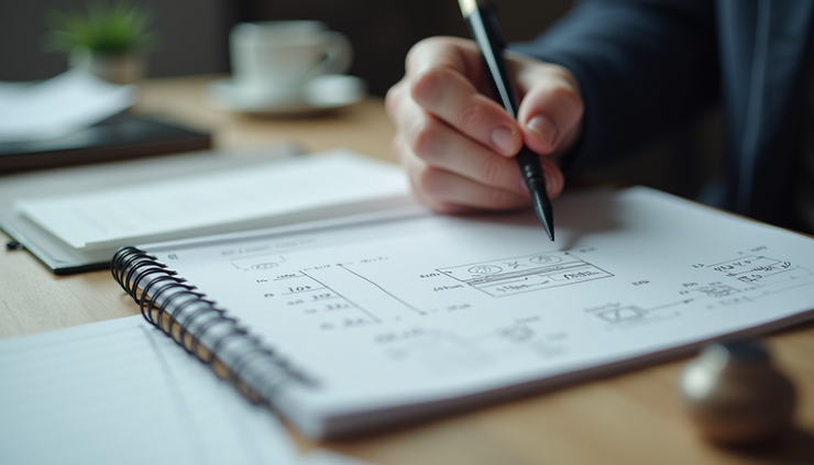 Eye-level view of a person writing logical formulas on a notebook