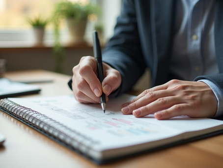 Eye-level view of a person writing financial goals in a notebook on a wooden desk
