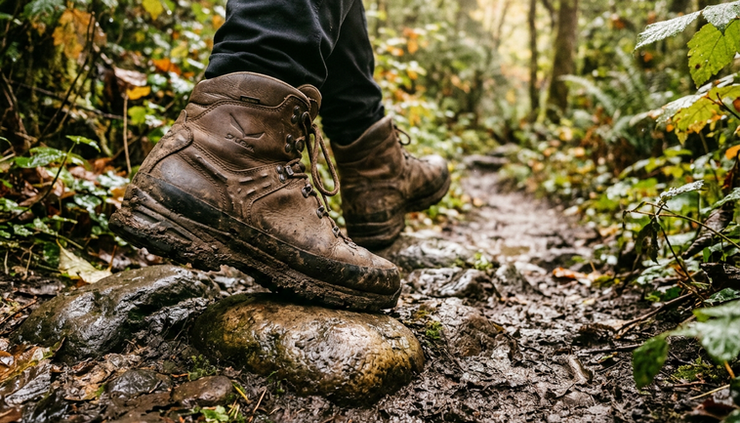 Close-up view of worn hiking boots stepping over wet stones on a trail.