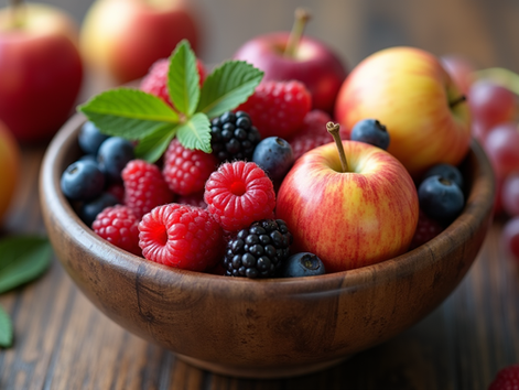 Close-up view of a bowl of fresh mixed fruits including berries and sliced apples