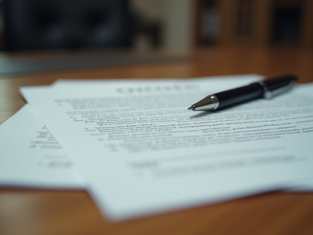 Eye-level view of a confidential folder with documents and a pen on a wooden desk