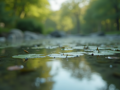Close-up view of a tranquil pond reflecting nature's beauty