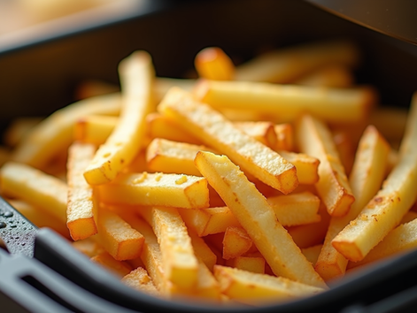 Close-up view of golden crispy French fries in an air fryer basket