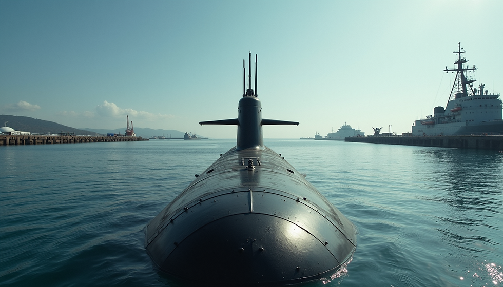 Eye-level view of a naval nuclear-powered submarine docked at a port in the Indo-Pacific region