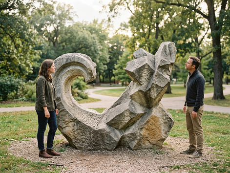 Wide-angle view of two people looking at the same sculpture from opposite sides
