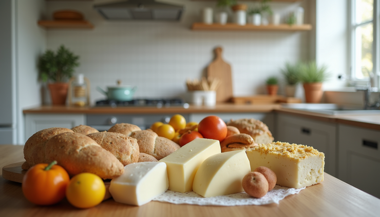 Eye-level view of a variety of common food items on a kitchen counter, including dairy, bread, and fruits