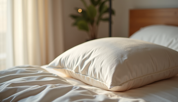 Close-up view of silk pillowcase on a bed with soft lighting