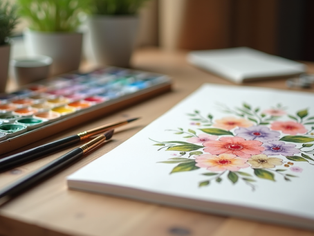 Eye-level view of a wooden table with watercolor paints, brushes, and a half-finished floral painting