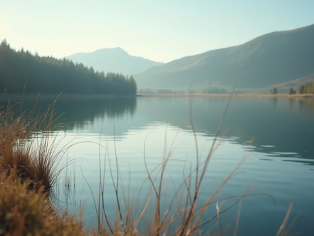 Close-up view of a serene landscape with a calm lake