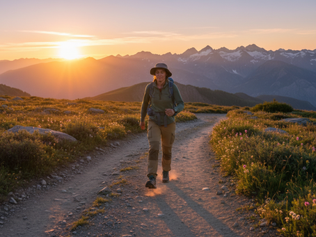 Wide-angle view of a hiker taking one step on a sunrise trail