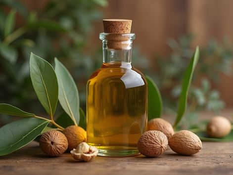 Close-up view of a glass bottle filled with golden argan oil surrounded by argan nuts and leaves