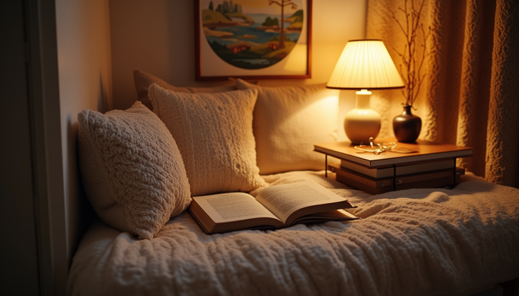 Eye-level view of a cozy reading nook with soft cushions and warm lighting