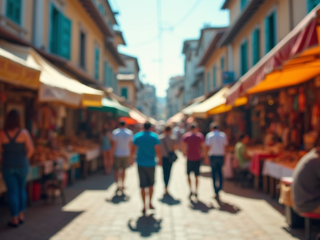 Eye-level view of a vibrant street market filled with colorful stalls