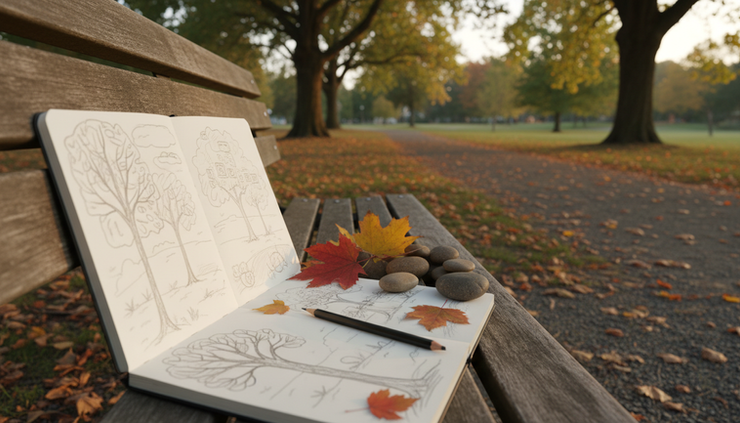 Wide-angle view of an open sketchbook beside leaves and small stones on a park bench.