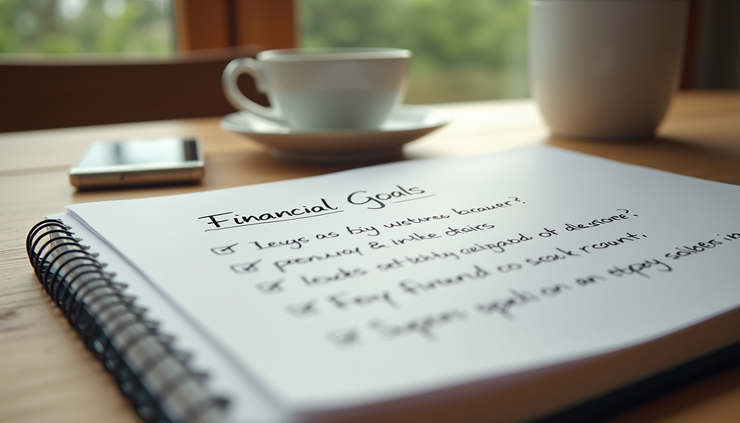 Eye-level view of a worn notebook with handwritten financial goals on a wooden table
