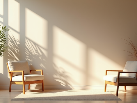 Eye-level view of a calm room with soft lighting and comfortable chairs