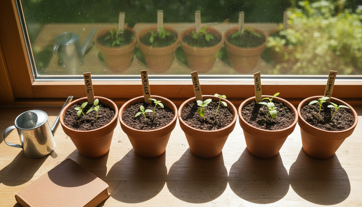 Overhead view of small seedlings growing in labeled clay pots on a sunny windowsill
