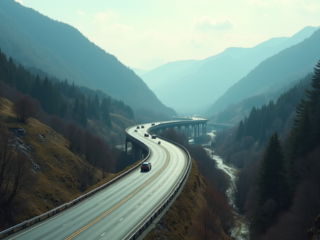 High angle view of a major Balkan highway connecting mountainous terrain