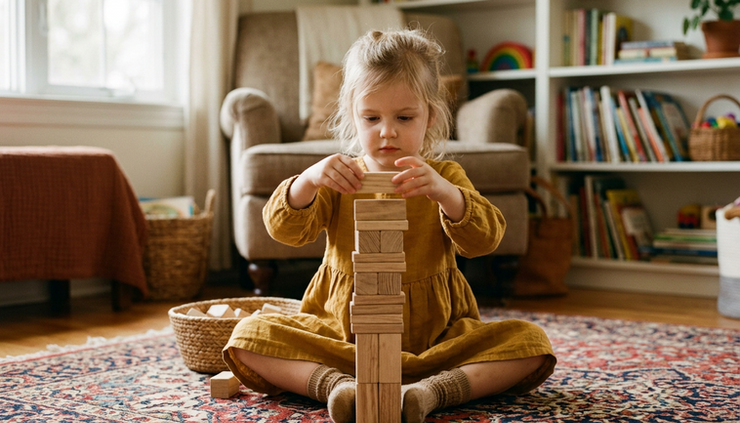 Eye-level view of a child stacking wooden blocks with careful focus