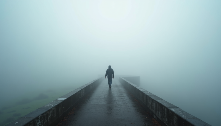Eye-level view of a person stepping onto a narrow path surrounded by fog